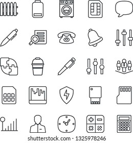 Thin Line Icon Set - calculator vector, document search, pen, fence, bucket, settings, low battery, message, protect, tuning, user, clock, bell, scanner, sd, sim, cellular signal, application, phone