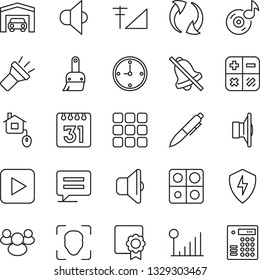 Thin Line Icon Set - calculator vector, pen, speaker, group, play button, menu, message, update, protect, themes, calendar, torch, mute, face id, music, cellular signal, application, sertificate