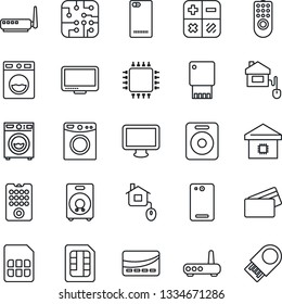 Thin Line Icon Set - calculator vector, monitor, speaker, phone back, sim, washer, smart home, credit card, control, chip, remote, router, usb flash
