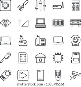Thin Line Icon Set - calculator vector, pen, garden fork, bench, barcode, remote control, laptop pc, radio phone, fast forward, back, mobile camera, tuning, sd, sim, eye id, cellular signal, chip