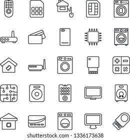 Thin Line Icon Set - calculator vector, monitor, speaker, phone back, sim, washer, smart home, credit card, control, chip, remote, router, usb flash