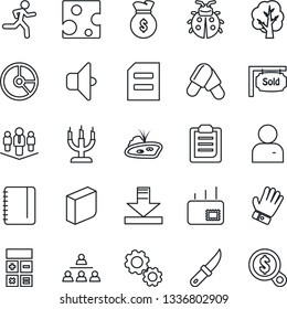 Thin Line Icon Set - calculator vector, notepad, document, circle chart, tree, glove, lady bug, garden knife, pills, run, user, download, clipboard, blank box, hierarchy, mail, company, pond, candle