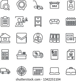 Thin Line Icon Set - calculator vector, calendar, stamp, lawn mower, client, car delivery, mail, clipboard, news, document search, hr, manager desk, paper binder, target, notebook pc, archive box