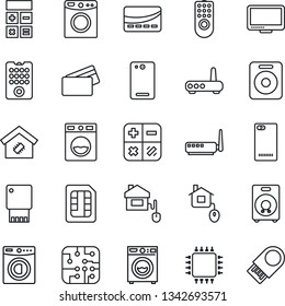 Thin Line Icon Set - calculator vector, monitor, speaker, phone back, sim, washer, smart home, credit card, control, chip, remote, router, usb flash