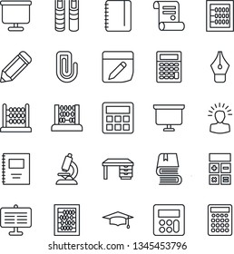 Thin Line Icon Set - calculator vector, graduate, abacus, desk, notepad, presentation board, pencil, contract, microscope, notes, copybook, paper clip, ink pen, book, shining head