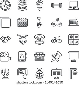 Thin Line Icon Set - calculator vector, notebook pc, calendar, circle chart, lady bug, barbell, bike, store, 24 hours, gamepad, paper pin, video, presentation board, blank box, tie, handshake, sushi