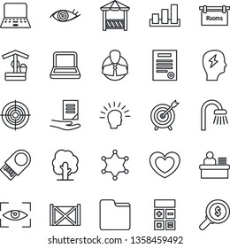 Thin Line Icon Set - calculator vector, notebook pc, brainstorm, document, tree, well, heart, eye, client, container, sorting, folder, manager desk, target, contract, rooms, bathroom, alcove, scan