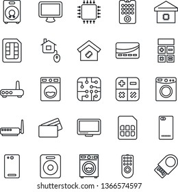 Thin Line Icon Set - calculator vector, monitor, speaker, phone back, sim, washer, smart home, credit card, control, chip, remote, router, usb flash