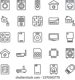 Thin Line Icon Set - calculator vector, monitor, speaker, phone back, sim, washer, smart home, credit card, control, chip, remote, router, usb flash