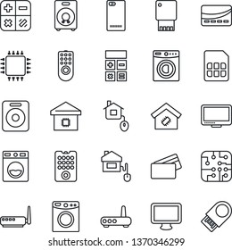 Thin Line Icon Set - calculator vector, monitor, speaker, phone back, sim, washer, smart home, credit card, control, chip, remote, router, usb flash