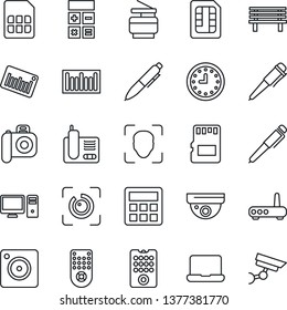 Thin Line Icon Set - calculator vector, pen, bench, clock, barcode, camera, remote control, radio phone, mobile, sd, sim, face id, eye, notebook pc, copier, router, surveillance