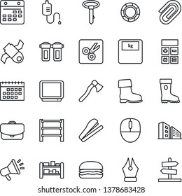 Thin Line Icon Set - calculator vector, mouse, boot, axe, dropper, scales, satellite, rack, tv, calendar, cut, paper clip, ink pen, stapler, office building, hamburger, water filter, case, tie