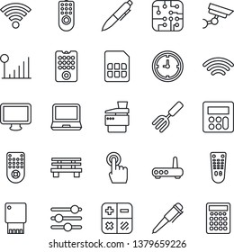 Thin Line Icon Set - calculator vector, pen, garden fork, bench, clock, remote control, touch screen, monitor, laptop pc, tuning, sim, wireless, cellular signal, copier, chip, router, usb flash