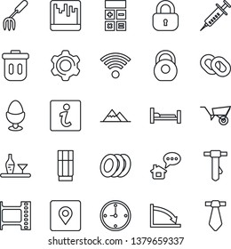 Thin Line Icon Set - calculator vector, tie, garden fork, wheelbarrow, syringe, hospital bed, heavy, film frame, chain, settings, scanner, place tag, clock, mountains, lock, wireless, alcohol, drink