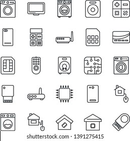 Thin Line Icon Set - calculator vector, monitor, speaker, phone back, sim, washer, smart home, credit card, control, chip, remote, router, usb flash