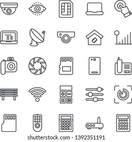 Thin Line Icon Set - calculator vector, notebook pc, bench, satellite antenna, camera, touch screen, radio phone, back, mobile, tuning, sd, sim, wireless, eye id, cellular signal, smart home, router