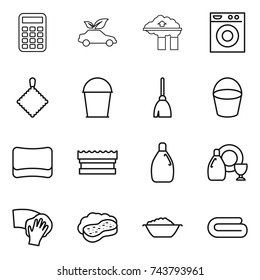 thin line icon set : calculator, eco car, factory filter, washing machine, rag, bucket, broom, sponge, cleanser, dish, wiping, with foam, basin, towel