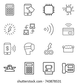 thin line icon set : calculator, touch, chip, lightning, notebook connect, wireless, tap to pay, phone, virtual mask, infinity power, electrostatic, scales, atm, intercome