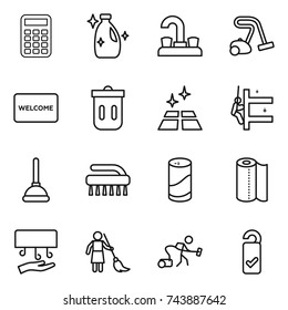 thin line icon set : calculator, cleanser, water tap, vacuum cleaner, welcome mat, trash bin, clean floor, skyscrapers cleaning, plunger, brush, powder, paper towel, hand dryer, brooming, please