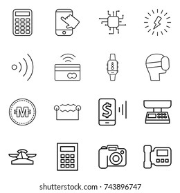 thin line icon set : calculator, touch, chip, lightning, wireless, tap to pay, smart watch, virtual mask, crypto currency, electrostatic, mobile, market scales, camera, intercome