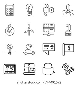 thin line icon set : calculator, bulb, satellite, virus, rocket, windmill, server, crystall memory, laser, electric car, location details, important flag, tv, coffee maker, toaster, gears