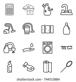 thin line icon set : calculator, factory filter, cleanser, water tap, vacuum cleaner, clean window, dish, hand and drop, washing machine, drying clothe, toilet, wiping, paper towel, duster