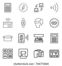 thin line icon set : calculator, lightning, notebook connect, wireless, tap to pay, smart watch, virtual mask, crypto currency, electrostatic, mobile, market scales, atm, camera, tv