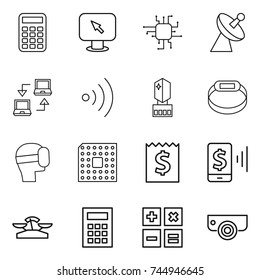 thin line icon set : calculator, monitor arrow, chip, satellite antenna, notebook connect, wireless, crystall memory, smart bracelet, virtual mask, cpu, receipt, mobile pay, scales