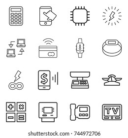 thin line icon set : calculator, touch, chip, lightning, notebook connect, tap to pay, smart watch, bracelet, infinity power, mobile, market scales, atm, intercome, tv