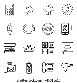 thin line icon set : calculator, touch, chip, lightning, smart watch, bracelet, crypto currency, mobile pay, market scales, atm, camera, remote control, intercome, hair dryer