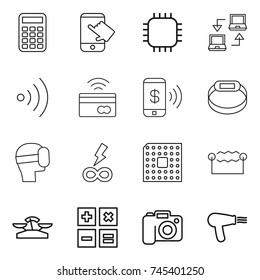 thin line icon set : calculator, touch, chip, notebook connect, wireless, tap to pay, phone, smart bracelet, virtual mask, infinity power, cpu, electrostatic, scales, camera, hair dryer