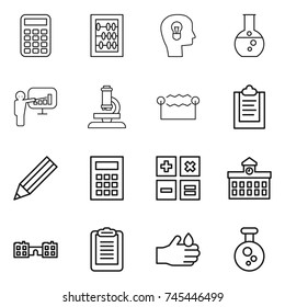 thin line icon set : calculator, abacus, bulb head, round flask, presentation, microscope, electrostatic, clipboard, pencil, university, school, acid, chemical
