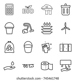 thin line icon set : calculator, bio, factory filter, bin, bucket, vacuum cleaner, plate washing, windmill, garbage bag, wiping, clean window, hand and drop, drying clothe, toilet paper, dryer