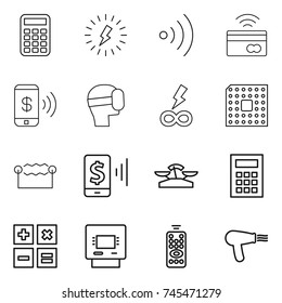 thin line icon set : calculator, lightning, wireless, tap to pay, phone, virtual mask, infinity power, cpu, electrostatic, mobile, scales, atm, remote control, hair dryer