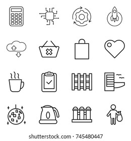 thin line icon set : calculator, chip, around gear, rocket, cloude service, delete cart, shopping bag, heart, hot drink, clipboard check, pallet, hotel, disco ball, kettle, grain elevator, trash