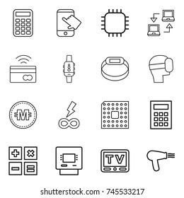 thin line icon set : calculator, touch, chip, notebook connect, tap to pay, smart watch, bracelet, virtual mask, crypto currency, infinity power, cpu, atm, tv, hair dryer