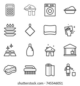 thin line icon set : calculator, factory filter, washing machine, plate, rag, sponge, wiping, clean floor, cleanser, house cleaning, utility room, with foam, brush, paper towel, garbage bin