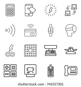 thin line icon set : calculator, touch, lightning, notebook connect, wireless, tap to pay, smart watch, virtual mask, infinity power, cpu, market scales, atm, remote control, intercome