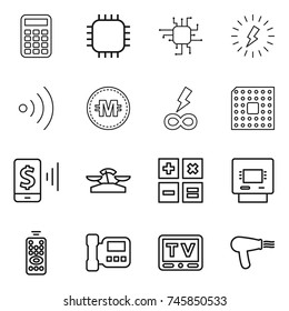 thin line icon set : calculator, chip, lightning, wireless, crypto currency, infinity power, cpu, mobile pay, scales, atm, remote control, intercome, tv, hair dryer