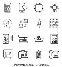 thin line icon set : calculator, touch, chip, lightning, notebook connect, smart watch, cpu, mobile pay, market scales, atm, camera, remote control, intercome