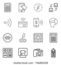 thin line icon set : calculator, touch, lightning, notebook connect, wireless, tap to pay, phone, virtual mask, crypto currency, infinity power, cpu, atm, camera, remote control