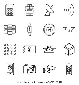 thin line icon set : calculator, notebook globe, satellite antenna, wireless, server, smart watch, crypto currency, drone, chip, receipt, scales, 3d, mobile location, camera, surveillance