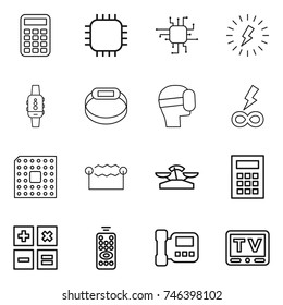 thin line icon set : calculator, chip, lightning, smart watch, bracelet, virtual mask, infinity power, cpu, electrostatic, scales, remote control, intercome, tv