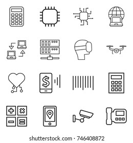 thin line icon set : calculator, chip, notebook globe, connect, server, virtual mask, drone, cardio, mobile pay, bar code, location, surveillance, intercome
