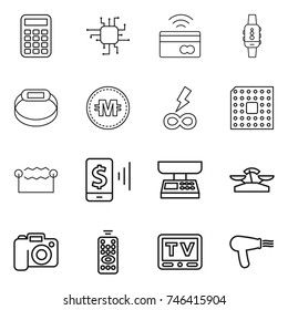 thin line icon set : calculator, chip, tap to pay, smart watch, bracelet, crypto currency, infinity power, cpu, electrostatic, mobile, market scales, camera, remote control, tv, hair dryer