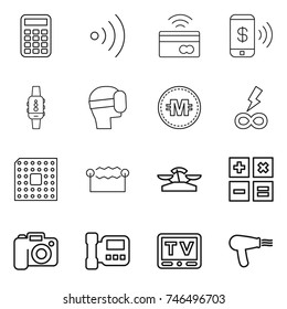thin line icon set : calculator, wireless, tap to pay, phone, smart watch, virtual mask, crypto currency, infinity power, cpu, electrostatic, scales, camera, intercome, tv, hair dryer