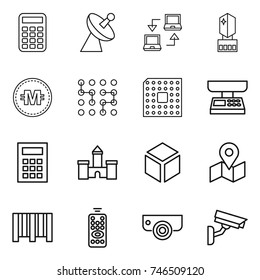 thin line icon set : calculator, satellite antenna, notebook connect, crystall memory, crypto currency, chip, cpu, market scales, castle, 3d, map, bar code, remote control, surveillance camera