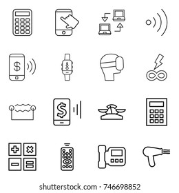 thin line icon set : calculator, touch, notebook connect, wireless, phone pay, smart watch, virtual mask, infinity power, electrostatic, mobile, scales, remote control, intercome, hair dryer