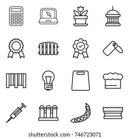 thin line icon set : calculator, notebook, flower, goverment house, medal, fence, label, bar code, bulb, cutting board, chief hat, syringe, grain elevator, peas, sponge
