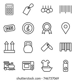 thin line icon set : calculator, label, sale, bar code, ticket, info, medal, geo pin, cargo top sign, heavy, train, grill oven, handle washing, do not distrub